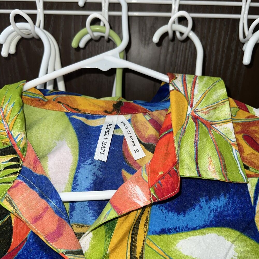 Live 4 Truth Bright Tropical Palm Fronds Leaves Button Front Long Shirt Dress M